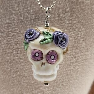 Sugar Skull Handmade Art Glass Pendant On Chain With M Stamped On Back